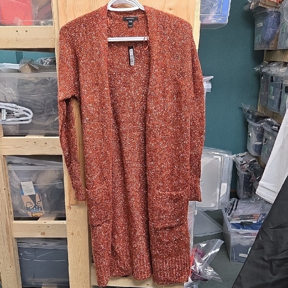 RW&CO Size XXS Burnt Orange Speckled Midi Length Knit Open Cardigan